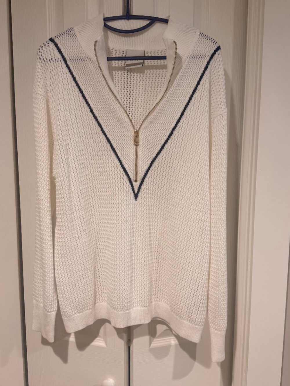 Varley "Calva" Knit Sweatshirt White Ivory Navy Half Zip Cotton Pullover - NWOT - Picture 7 of 12